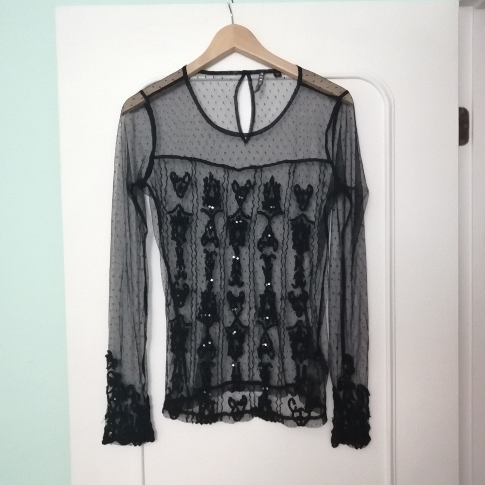 Guess Sheer Black Sequin-Embellished Long-Sleeve Mesh Blouse - Picture 3 of 8